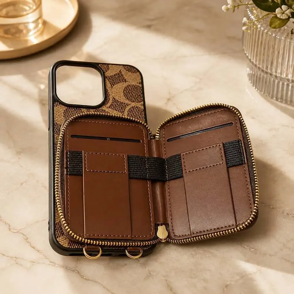 Monogram Brown Leather Zipper Wallet Card Holder Phone Case | iPhone 16 Pro Max